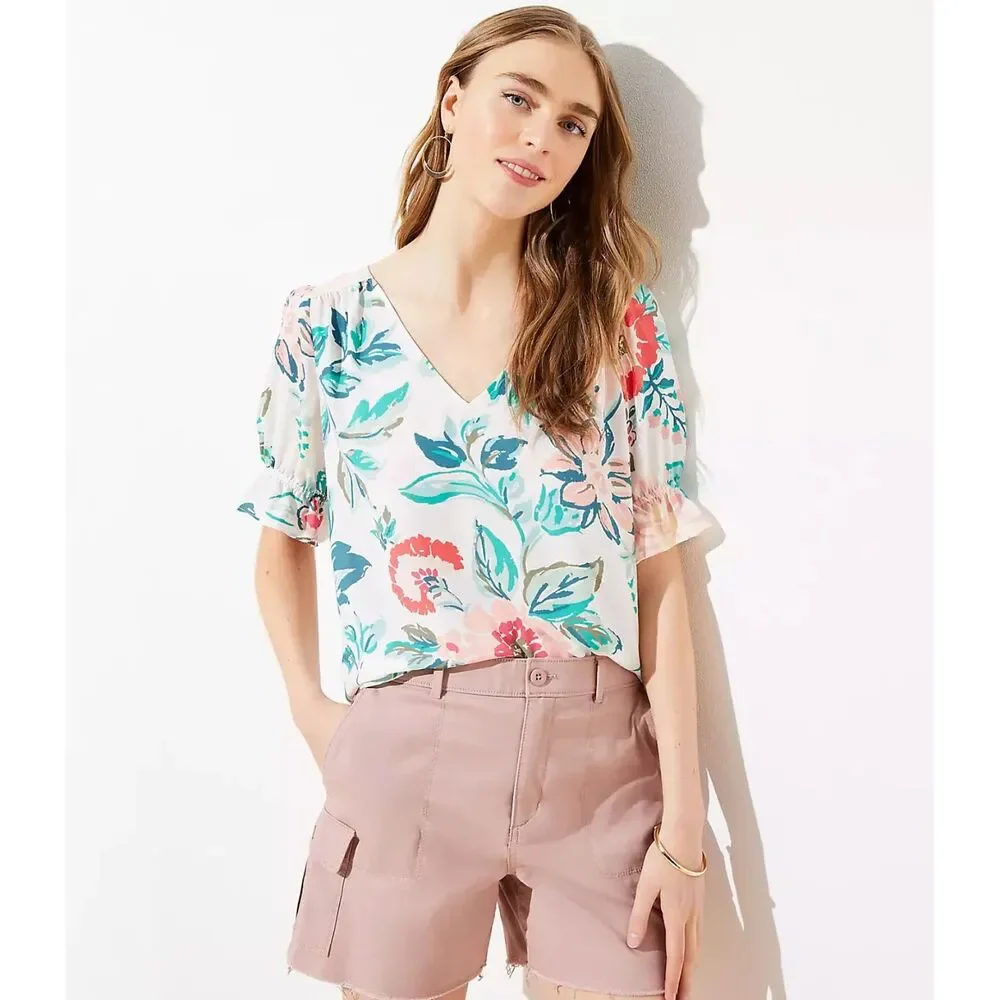 Loft Multicolor Floral Flutter V-Neck Short Sleeve Blouse Polyester Women's XS